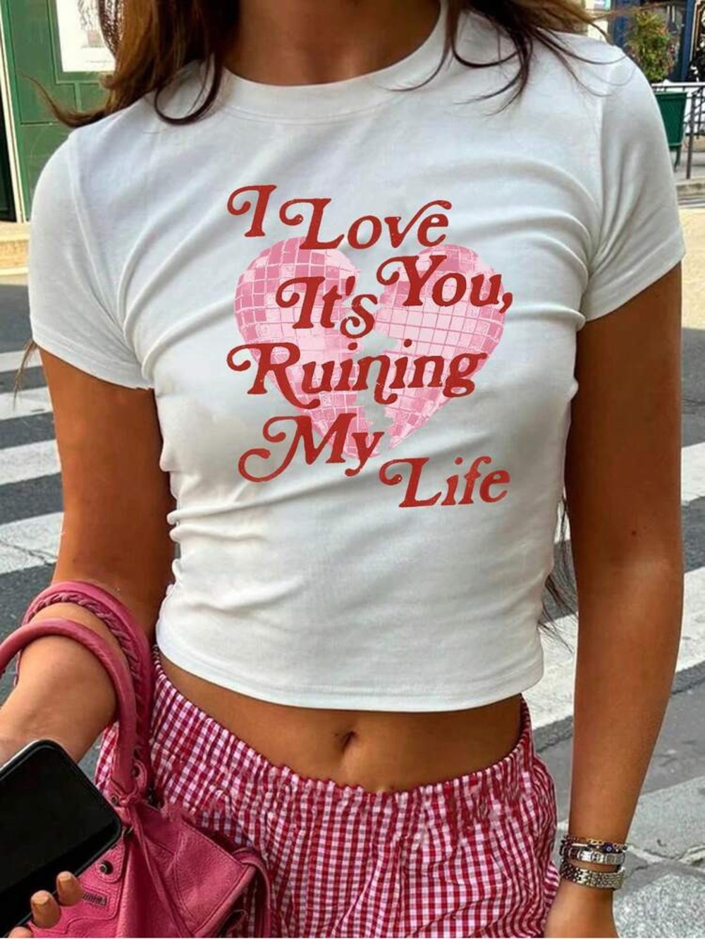 White Crop Tee with Pink Heart Graphic and Red Script